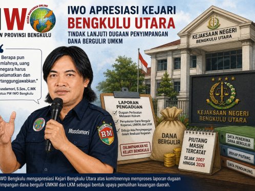 Ketua PW IWO Bengkulu memberikan apresiasi kepada Kejari Bengkulu Utara terkait proses laporan dugaan penyimpangan dana bergulir Diskop UKM.