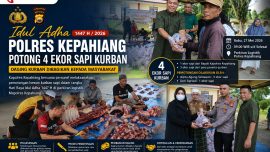 Kapolres Kepahiang Bersama personnel melakukan pemotongan hewan kurban sapi saat Idul Adha 1447 H di parkiran logistik Mapolres Kepahiang.