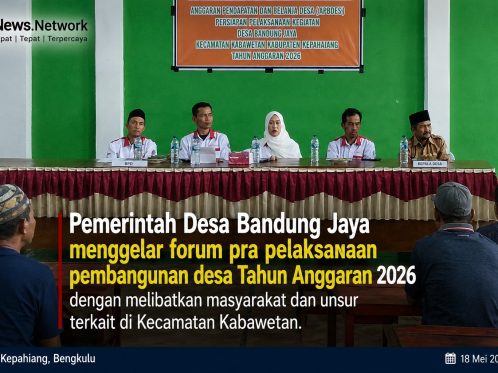 Kepala Desa Bandung Jaya bersama warga dan unsur pemerintah saat kegiatan pra pelaksanaan pembangunan desa Tahun Anggaran 2026 di Kantor Desa Bandung Jaya.
