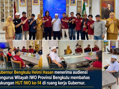 Gubernur Bengkulu Helmi Hasan menerima audiensi Pengurus Wilayah IWO Provinsi Bengkulu membahas dukungan HUT IWO ke-14 di ruang kerja Gubernur.